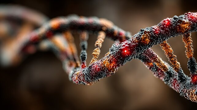 Close-up of DNA double helix structure with glowing particles on dark background.