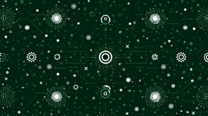 Futuristic digital virus and gear interface on green tech background.
