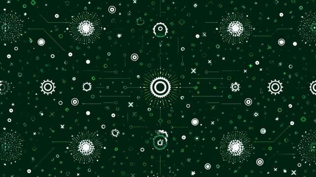 Futuristic digital virus and gear interface on green tech background.