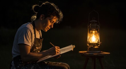 Woman sketching outdoors at night