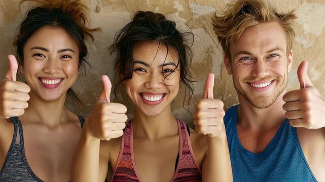 Thumbs Up Trio: A vibrant and diverse trio radiates positivity and approval as they flash the universal symbol of affirmation with their thumbs held high, against a natural, sun-kissed backdrop.