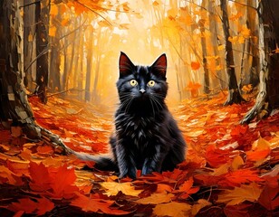 赤や黄の落ち葉が広がる秋の森にたたずむ黒猫の温かみあるイラスト