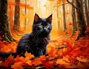 赤や黄の落ち葉が広がる秋の森にたたずむ黒猫の温かみあるイラスト