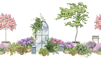Seamless border. Window, many flowers, fern, ivy, hydrangea bushes birch and pink tree. Hand-drawn watercolor flowers. For flower shops, printing on postcards, greeting cards, business cards, etc