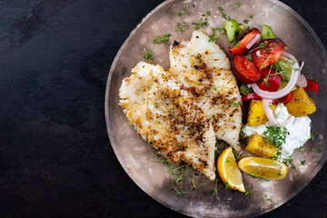 Traditional Greek grilled sepia with tzaziki and vegetables served as top view on a rustic design plate