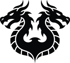Intricate black silhouette of a powerful two headed dragon with sharp horns and scales against a white background