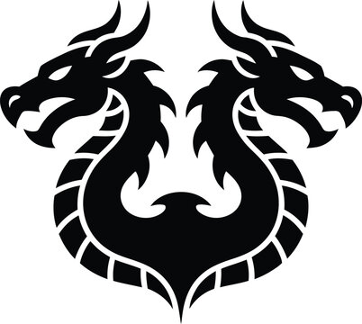 Intricate black silhouette of a powerful two headed dragon with sharp horns and scales against a white background