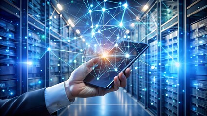 Hand holding smartphone with data network in server room for technology