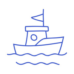 Boat with flag on sea waves in marine blue line art style. Hand drawn marine icon. Outline vector isolated illustration. 