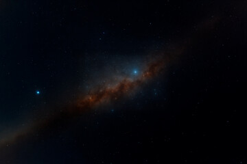 High-resolution image of the cosmos featuring a glowing blue star, dense star fields, and a vivid band of interstellar dust crossing the deep space background.