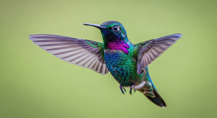 Fototapeta premium Violet Sabrewing Hummingbird in Flight with Wings Fully Extended Against a Soft Green Background, Showcasing Iridescent Plumage and Delicate Features in Natural Light