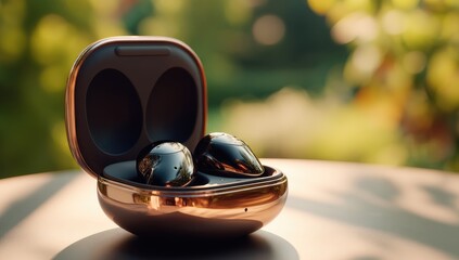 Rose gold wireless earbuds in charging case, outdoor setting