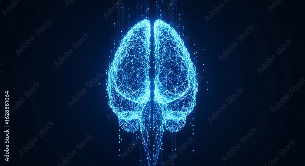 Poster abstract glowing blue neural network brain, representing artificial intelligence, technology, and co