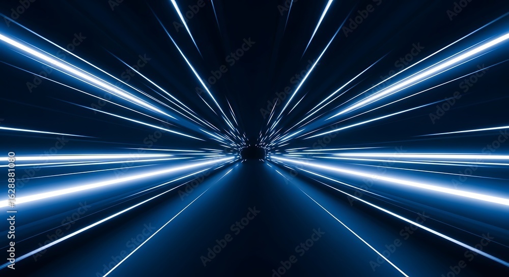 Poster abstract blue light streaks creating a sense of speed and motion through a dark tunnel, representing