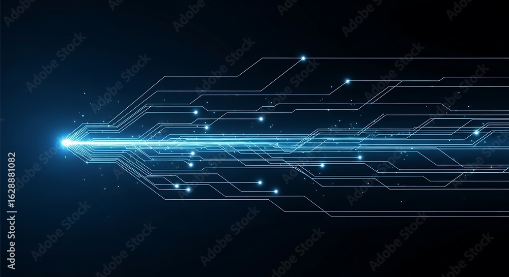 Poster abstract blue digital data stream with light particles and motion blur, representing technology, spe