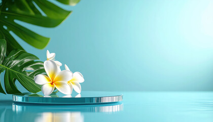 Tropical leaf plumeria flower blue background water reflection spa relaxation freshness summer nature beauty. Elegant plumeria flower and tropical leaf reflective water surface with blue