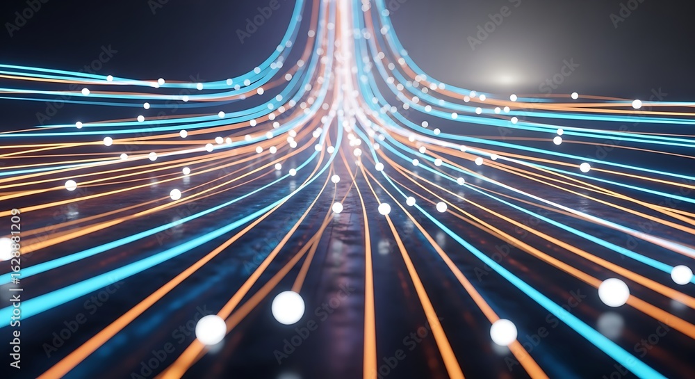 Poster abstract digital data stream with glowing blue and orange lines and nodes, representing fast technol