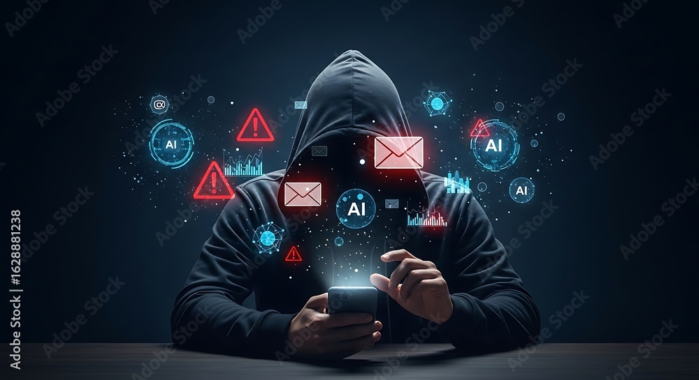 Poster anonymous hacker in a hoodie using a smartphone, surrounded by digital icons representing cyber thre