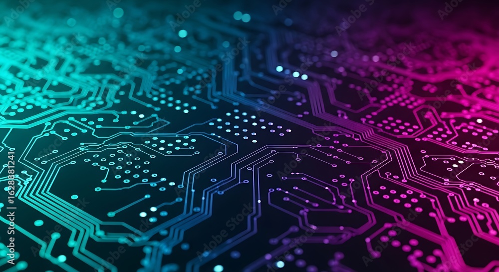 Poster closeup view of a glowing electronic circuit board with intricate pathways and connections, illumina