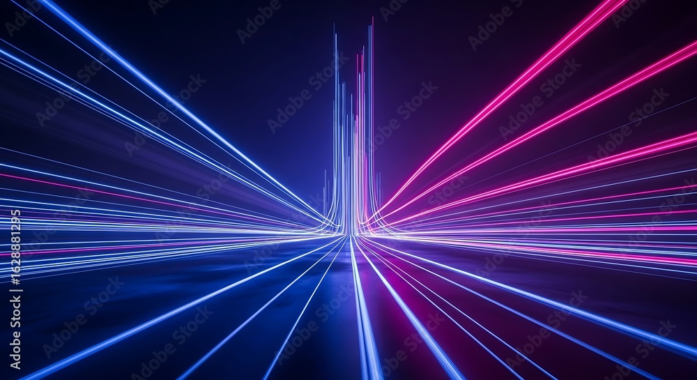 Poster abstract digital light streaks in blue and pink creating a sense of speed and movement on a dark bac