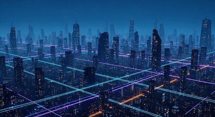 Futuristic city skyline at night with glowing neon data lines connecting buildings, representing technology and urban connectivity