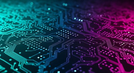 Closeup view of a glowing electronic circuit board with intricate pathways and connections, illuminated by vibrant blue and purple neon lights, representing advanced technology and digital systems