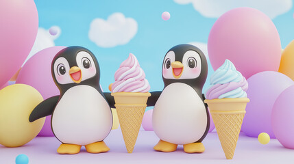 Cute penguin cartoon ice cream pastel sky balloon happy summer dessert fun—Two adorable cartoon penguins holding pastel ice cream cones surrounded by colorful balloons and bright blue sky creating
