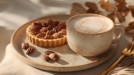 Cozy fall treat: pecan tart and warm latte on a neutral plate with a golden fork, warm and inviting.