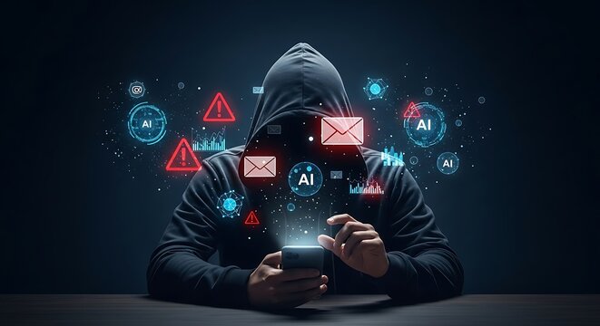 Anonymous hacker in a hoodie using a smartphone, surrounded by digital icons representing cyber threats, data breaches, and online communication