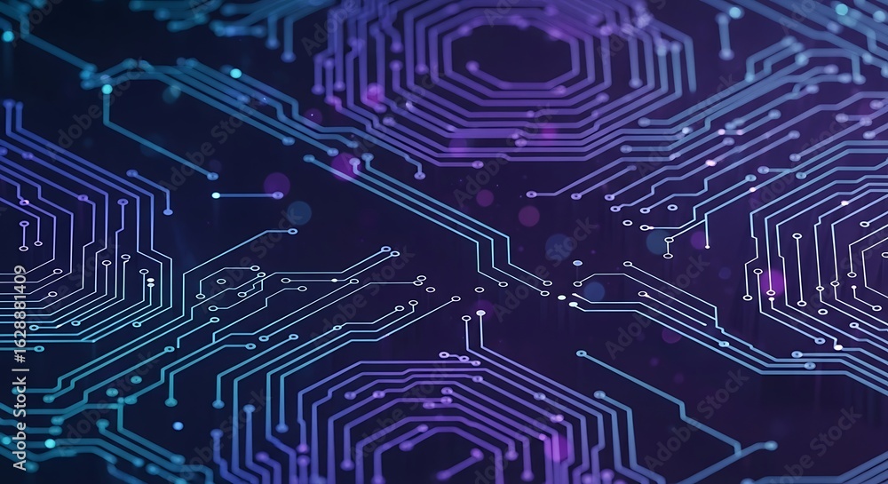 Poster abstract closeup of a glowing blue and purple electronic circuit board, representing advanced techno