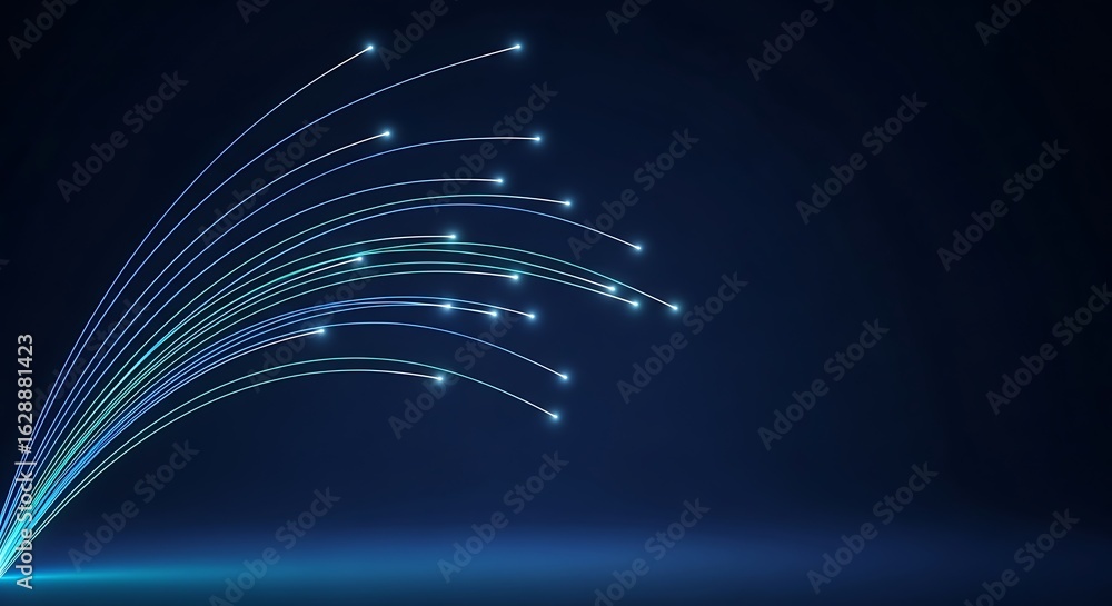 Poster abstract blue digital light streaks with glowing particles forming a dynamic curve against a dark ba