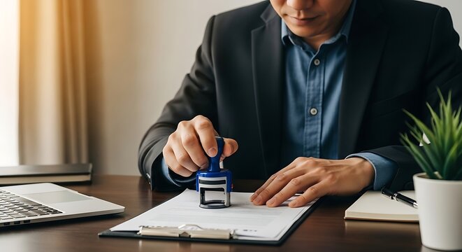 Professional man in a suit stamping a document on a desk in an office, signifying approval and official business