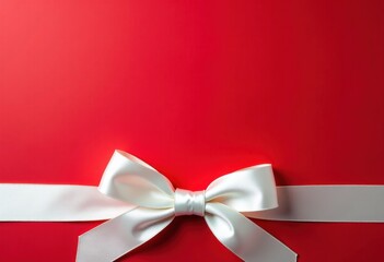 Red festive background with white satin bow and ribbon, gift card template