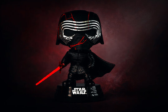 Funko POP vinyl figure of Kylo Ren character from the Star Wars movie saga. Illustrative editorial
