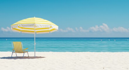 Fototapeta premium Beach scene with umbrella and chair