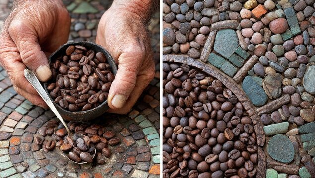 Hands pouring coffee beans onto a mosaic table