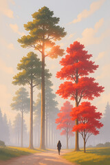 Solitary Walk in Autumn Forest – Serene Landscape Digital Art