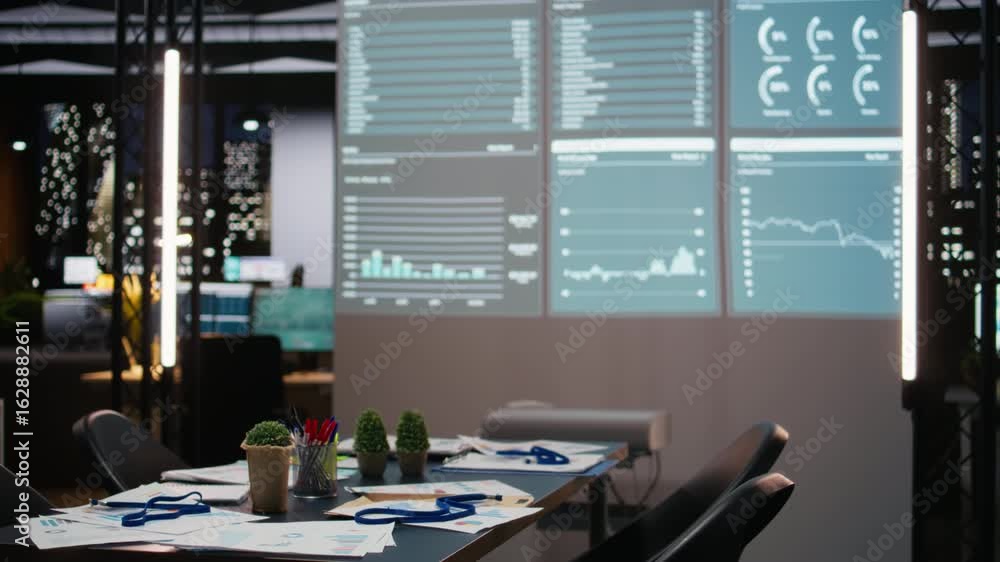 Aufkleber empty space in a multinational company showcases data insights late at night, forecasting important 