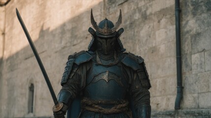 Fototapeta premium A Warrior's Gaze: Samurai in Full Armor Poses with a Sword