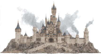 Fantasy castle on a rocky hill, smoke rising, perfect for fairytale illustrations