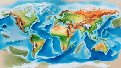 Crayon-colored map of the world. Bright terrain and ocean depths in expressive hand-drawn topographic style.