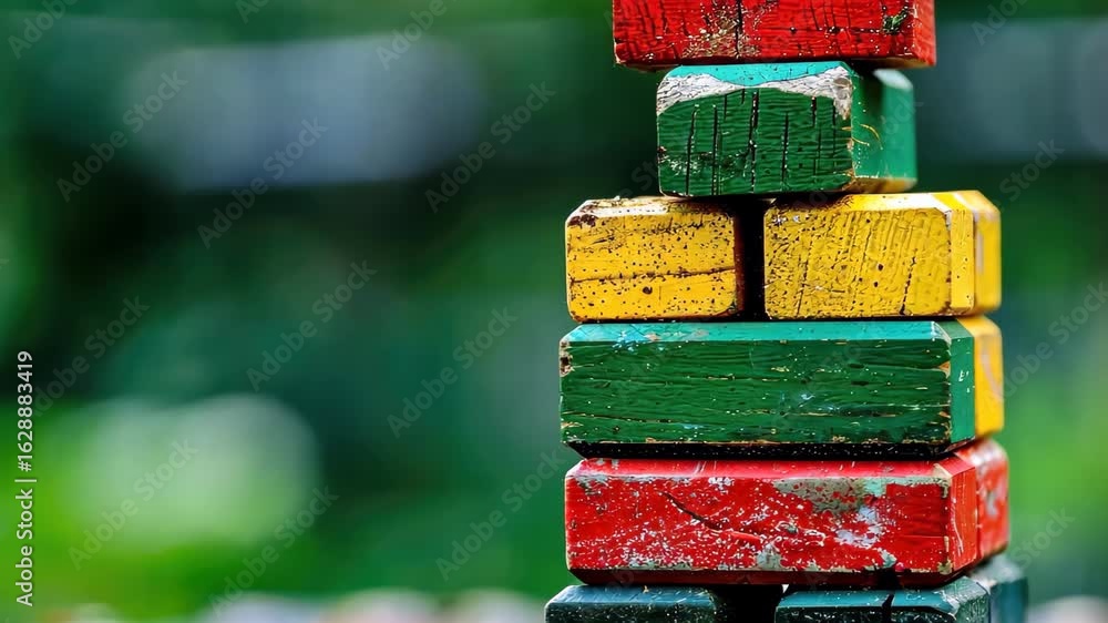 Poster colorful blocks: a vibrant stack of colorful blocks, a playful arrangement against a soft, blurred b