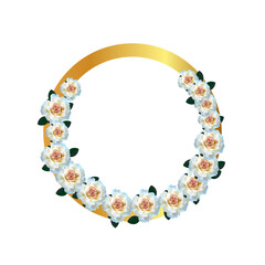 Elegant Floral Frame with White Roses and Golden Circle Isolated on Transparent background.
