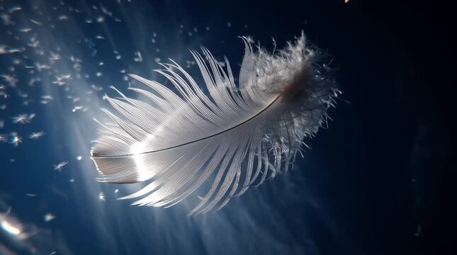 a single white feather slowly drifting down from a clear blue sky, soft sunlight highlighting the edges, cinematic slow motion, 