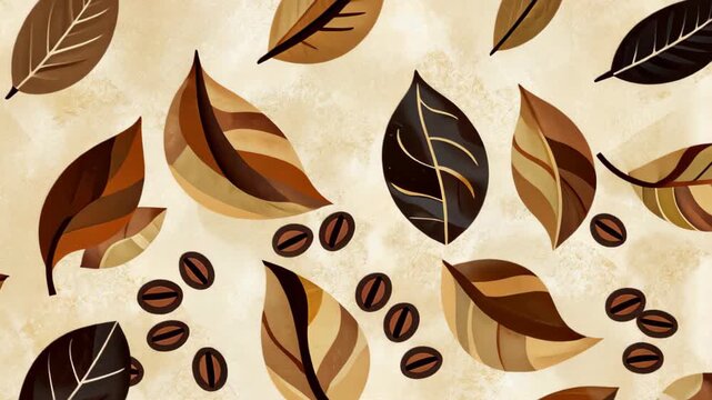 Artistic Leaves and Coffee Beans Pattern: An artistic, visually appealing pattern featuring stylized coffee beans scattered amidst elegant leaves.