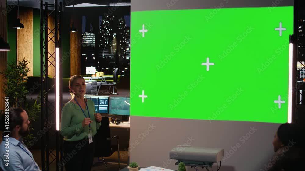 Poster diverse experts group gather for a corporate event with isolated screen after hours, aligning financ