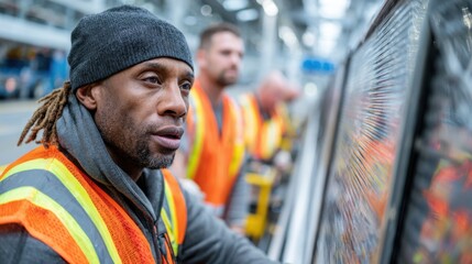 Medium shot highlighting the concentrated gaze of an installer adjusting jetway wrap panels main figure crisply detailed with blurred airport equipment and teammates behind.