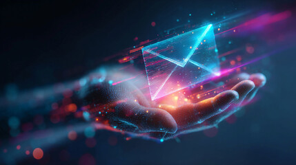 Digital hand holding glowing holographic envelope with vibrant light trails and futuristic elements