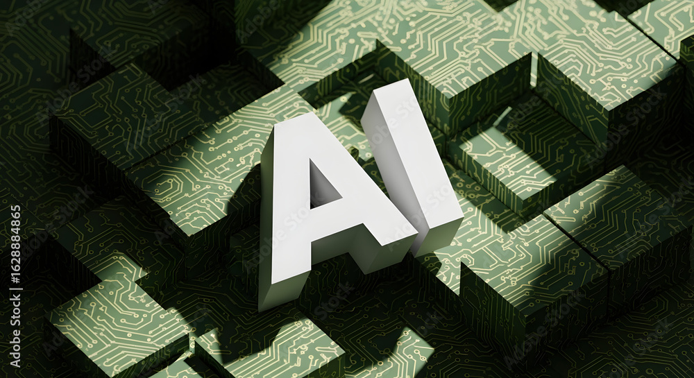 Poster artificial intelligence pixel letters on green circuit board background in 3d render