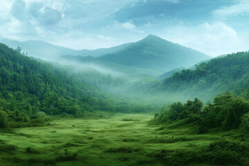 Fototapeta premium Misty Rainforest Valley - Lush, Misty Rainforest and Mountains